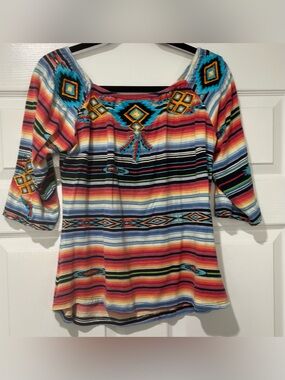 Embroidered Multicolor Striped Off-Shoulder Tunic
